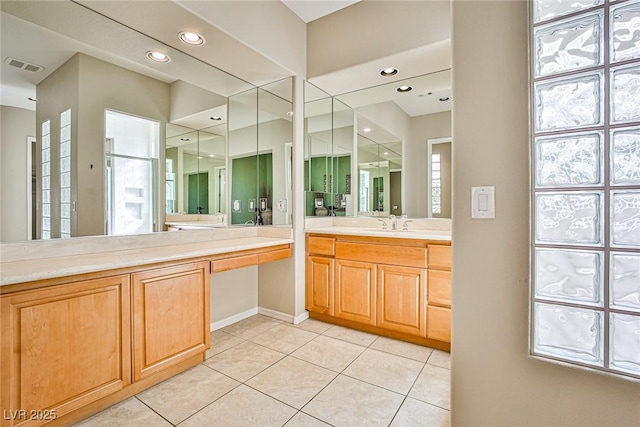 full bathroom featuring visible vents, a stall shower, recessed lighting, tile patterned flooring, and vanity