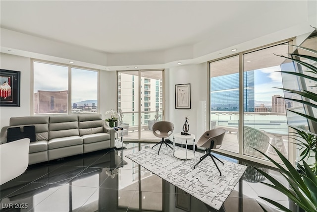 living area featuring a city view and tile patterned flooring