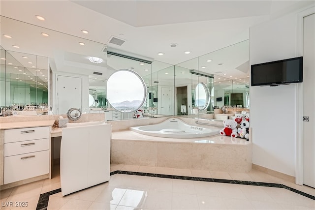 full bathroom with tile patterned flooring, a garden tub, recessed lighting, and visible vents