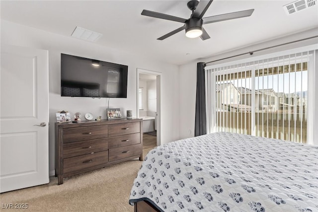 bedroom with access to exterior, connected bathroom, visible vents, and light carpet