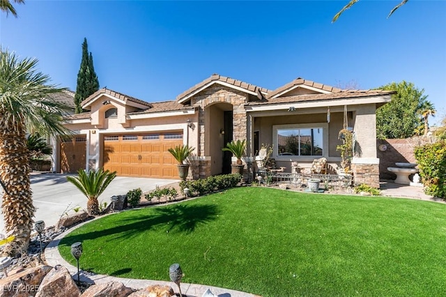 view of front of property featuring a front yard, a garage, stone siding, and stucco siding