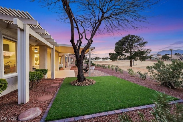 yard at dusk featuring a patio area