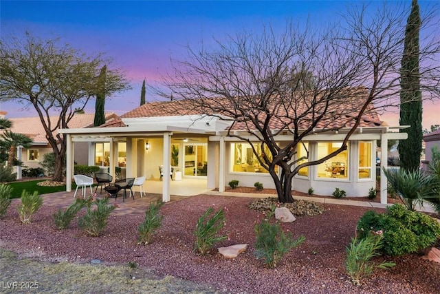 back of house featuring stucco siding, a patio, and a tile roof