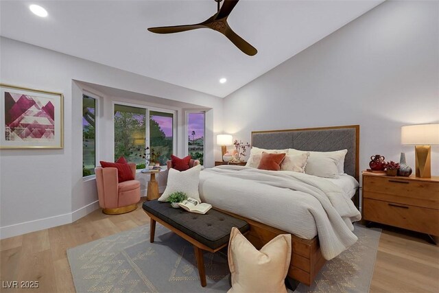 bedroom with baseboards, ceiling fan, lofted ceiling, recessed lighting, and light wood-style flooring