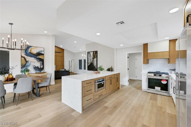 kitchen featuring light countertops, vaulted ceiling, light wood-style floors, and stainless steel appliances