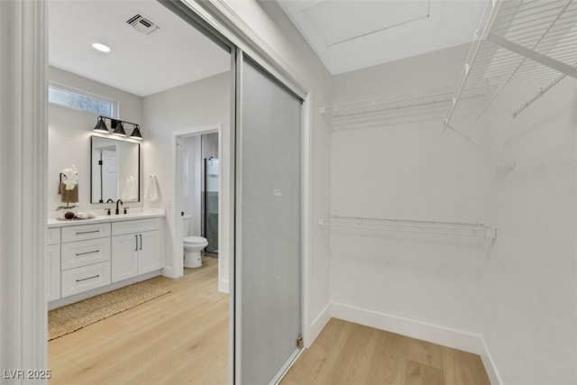 walk in closet featuring visible vents, light wood-type flooring, and a sink