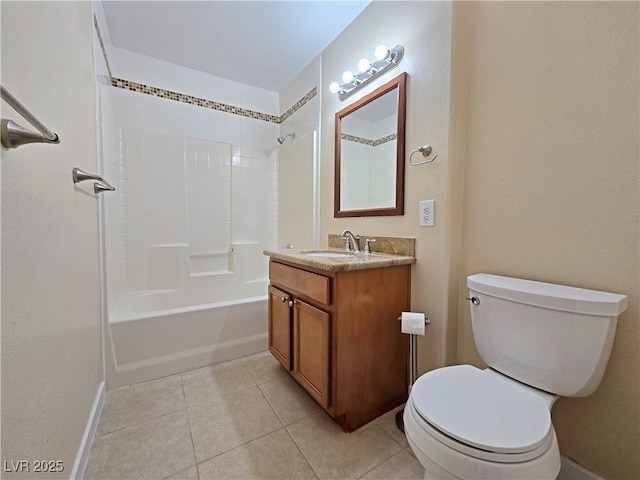 bathroom with tile patterned flooring, baseboards, washtub / shower combination, toilet, and vanity