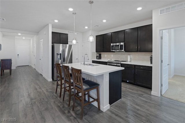 kitchen with visible vents, a breakfast bar, a sink, decorative backsplash, and appliances with stainless steel finishes