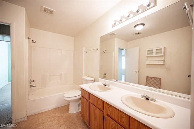 bathroom featuring a sink, visible vents, toilet, and bathing tub / shower combination