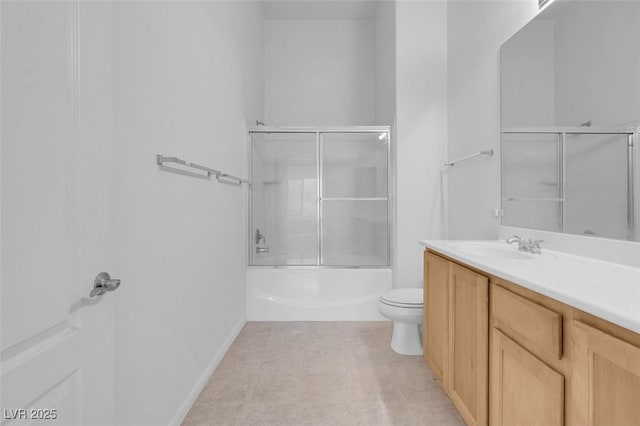 full bath with toilet, vanity, baseboards, and shower / bath combination with glass door