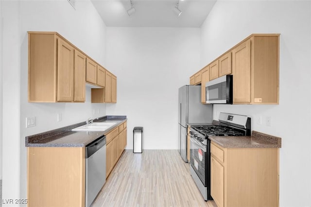 kitchen featuring light brown cabinetry, appliances with stainless steel finishes, and a sink