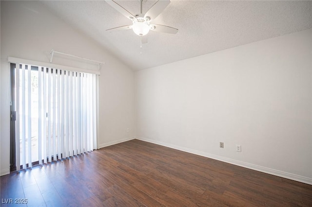 3369 Milenko Dr, Las Vegas, NV 89121 - spare room with ceiling fan, dark wood-style floors, lofted ceiling, baseboards, and a textured ceiling