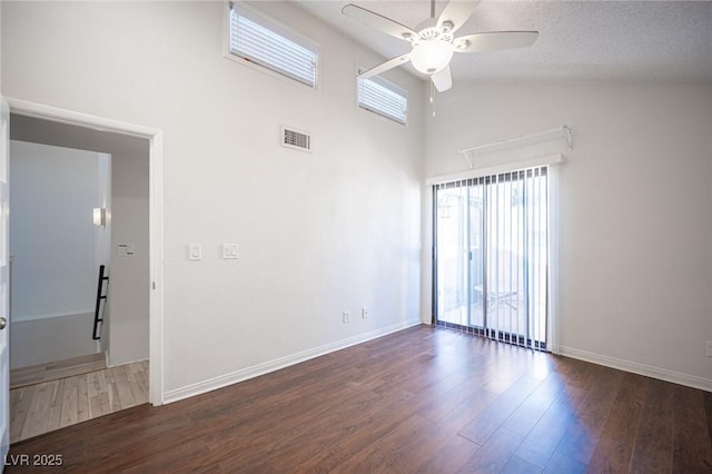 3369 Milenko Dr, Las Vegas, NV 89121 - unfurnished room featuring ceiling fan, high vaulted ceiling, wood finished floors, and baseboards