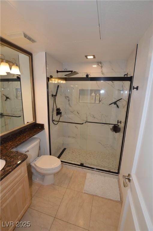 bathroom with a marble finish shower, visible vents, toilet, and vanity