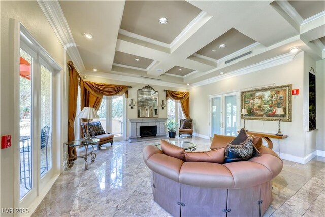 living area with beamed ceiling, ornamental molding, coffered ceiling, a high end fireplace, and baseboards