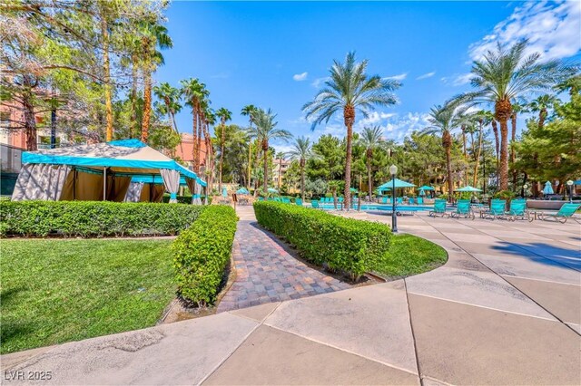 view of community with a pool and a lawn