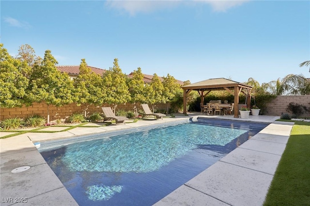 view of pool with a gazebo, a fenced backyard, a fenced in pool, and a patio