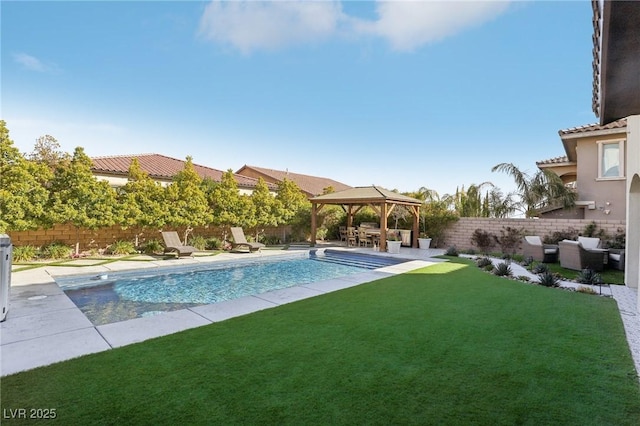 view of pool with a fenced in pool, a gazebo, a fenced backyard, a yard, and a patio area