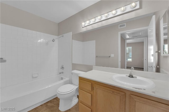 bathroom featuring vanity, visible vents, shower / bath combination, tile patterned floors, and toilet