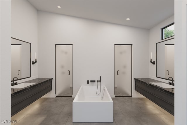 bathroom with a sink, a bath, recessed lighting, and tile patterned flooring