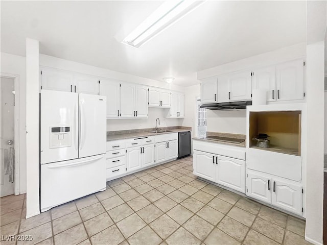 kitchen featuring black electric stovetop, under cabinet range hood, dishwasher, white fridge with ice dispenser, and a sink