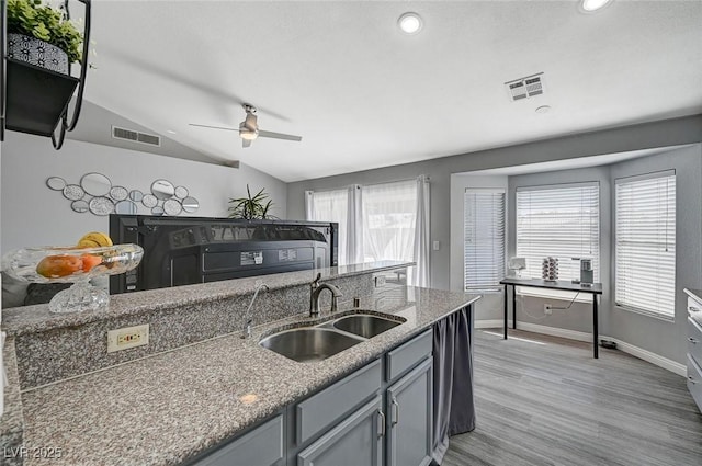 kitchen with lofted ceiling, visible vents, light wood finished floors, and a sink