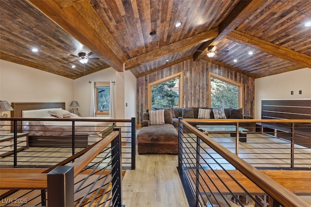 bedroom with lofted ceiling with beams, recessed lighting, wood ceiling, and wood-type flooring