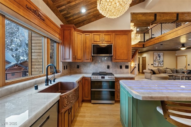 kitchen featuring a sink, tasteful backsplash, stainless steel appliances, wooden ceiling, and light countertops