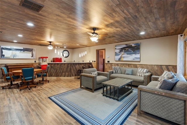 living area featuring visible vents, a wainscoted wall, wood ceiling, recessed lighting, and wood finished floors