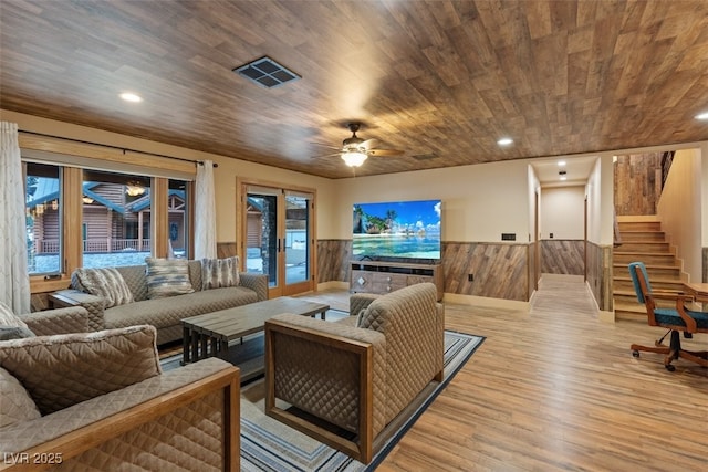 living area featuring visible vents, wainscoting, wooden ceiling, and light wood-style flooring