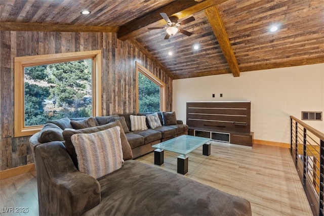 living room featuring lofted ceiling with beams, wood finished floors, wood ceiling, and visible vents