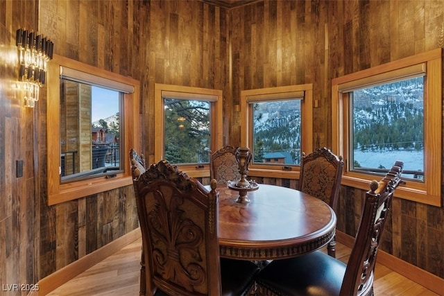 dining area featuring wooden walls and a healthy amount of sunlight