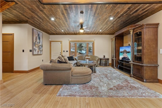 living room with recessed lighting, wood ceiling, and wood finished floors