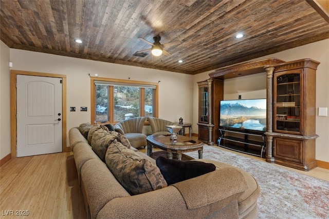 living area featuring visible vents, recessed lighting, wooden ceiling, light wood finished floors, and baseboards