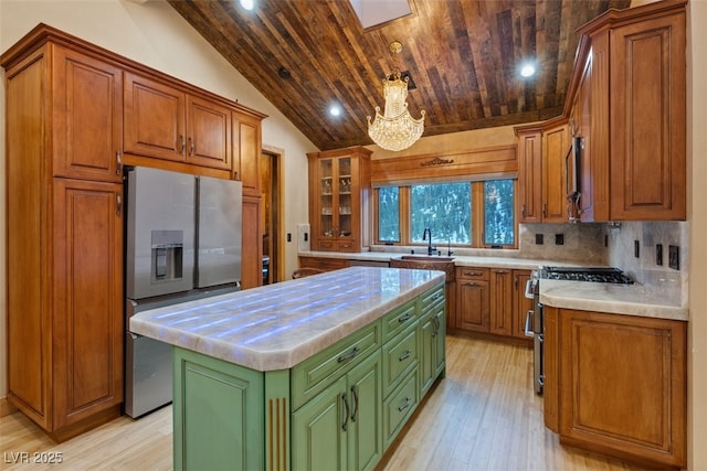 kitchen featuring stainless steel appliances, vaulted ceiling, wood ceiling, backsplash, and a center island