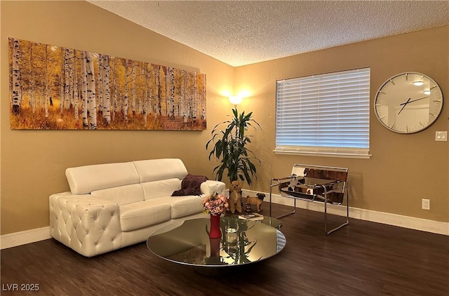 living area with a textured ceiling, lofted ceiling, baseboards, and wood finished floors