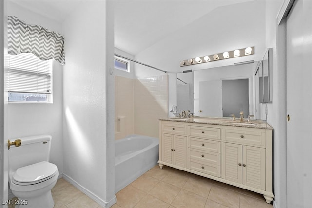 bathroom with toilet, a sink, shower / washtub combination, tile patterned flooring, and double vanity