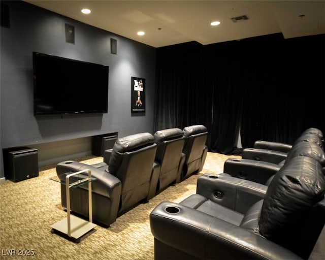 home theater room with visible vents, recessed lighting, baseboards, and carpet