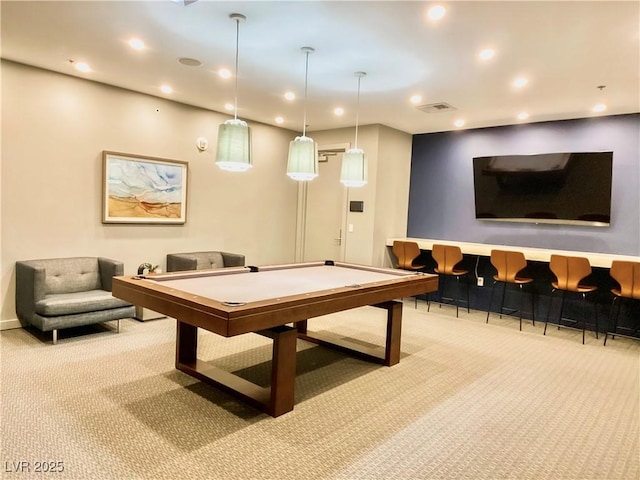 playroom featuring light carpet, visible vents, recessed lighting, and pool table