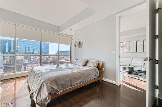 bedroom with baseboards, a city view, and wood finished floors