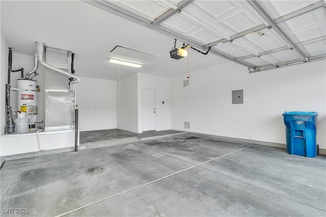 garage with strapped water heater, a garage door opener, and electric panel