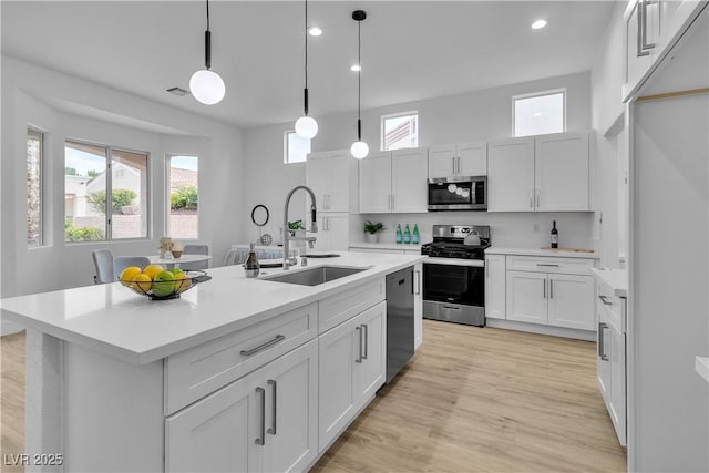 kitchen with a sink, light countertops, appliances with stainless steel finishes, white cabinets, and a kitchen island with sink