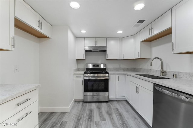 kitchen with visible vents, a sink, under cabinet range hood, appliances with stainless steel finishes, and white cabinetry