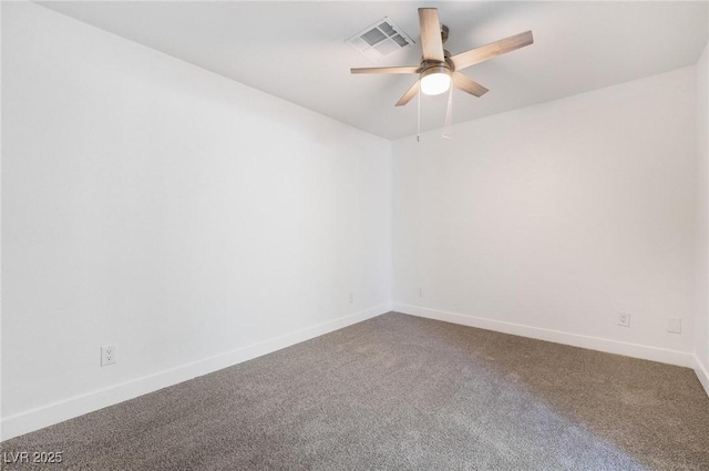 empty room featuring visible vents, baseboards, ceiling fan, and carpet floors