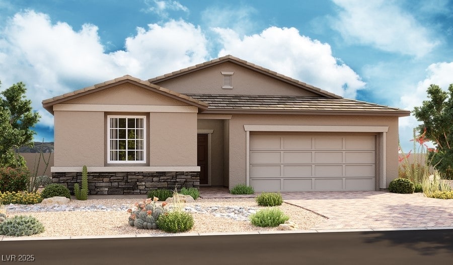 ranch-style house featuring stone siding, stucco siding, decorative driveway, and a garage