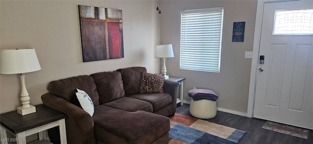 living room featuring a healthy amount of sunlight, baseboards, and wood finished floors