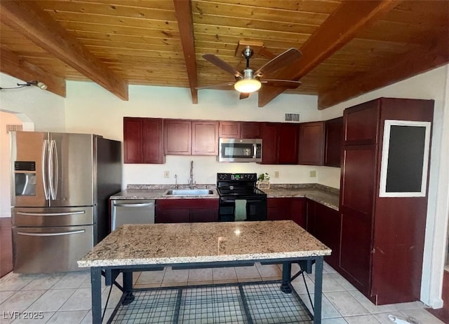 kitchen with beamed ceiling, a ceiling fan, a sink, appliances with stainless steel finishes, and wooden ceiling