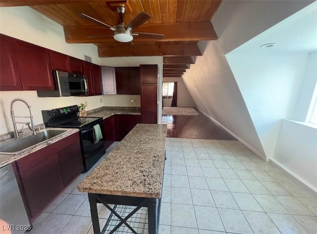 kitchen featuring dark brown cabinets, appliances with stainless steel finishes, wooden ceiling, and a sink