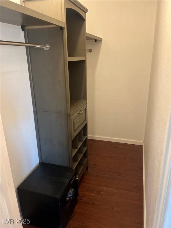 spacious closet with dark wood finished floors