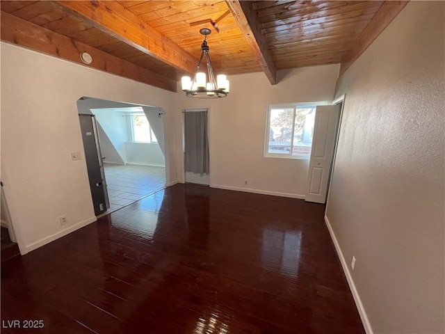 interior space featuring beamed ceiling, wood finished floors, baseboards, and wooden ceiling